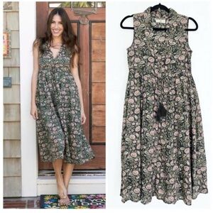 Natural Life NEW Green Floral Boho Button Up Sleeveless Tie Tassel MIDI Dress S